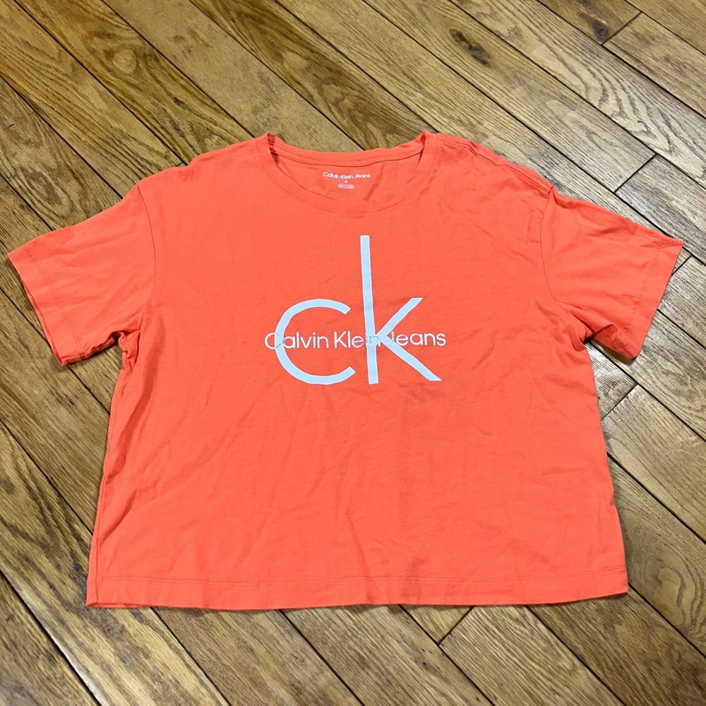 Calvin Klein Jeans Womens‎ Medium Coral Orange Logo Graphic Boxy T-Shirt Tee